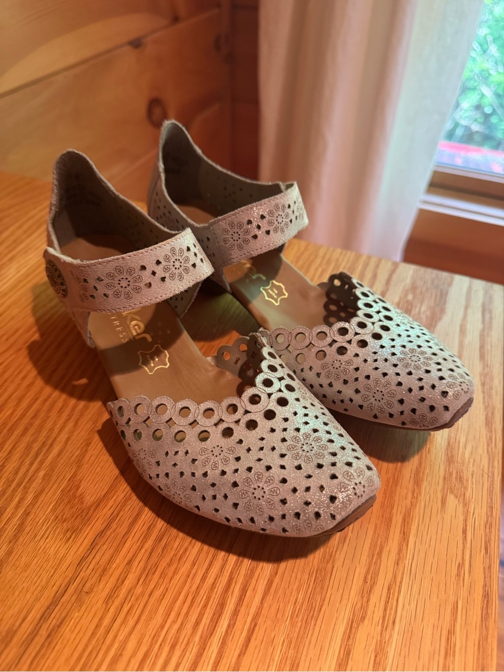 Rieker Beige/Silver Laser-Cut Mary Jane Shoes with Ankle Strap